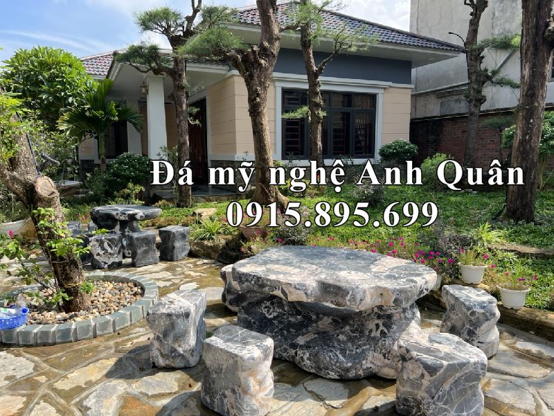 Bàn ghế đá tự nhiên, vân báo, ngũ sắc đẹp